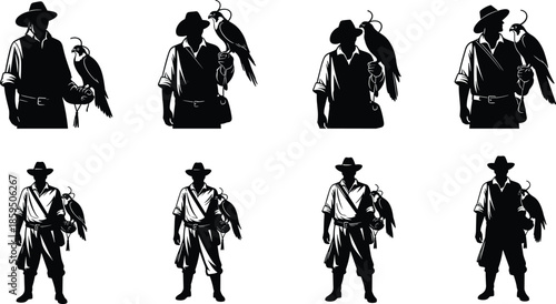 Falconer silhouette illustration set, bird of prey handling, hawk on glove, black vector poses, falconry tradition, wildlife control art