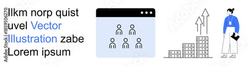 Business development, teamwork, corporate analytics, growth strategy, leadership, workforce planning. Icons of group, ascending arrows buildings person with clipboard. Business development