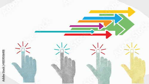 Set of four colorful halftone hands pointing their index fingers towards a series of fast moving arrows representing target and direction.