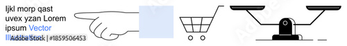 Decision-making, consumer behavior, balance, shopping, justice, purchasing power. A hand points, a shopping cart and a balance scale. Decision-making and consumer behavior concepts
