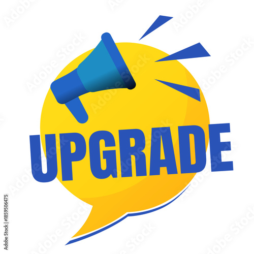 Yellow blue banner with megaphone and text upgrade flat vector