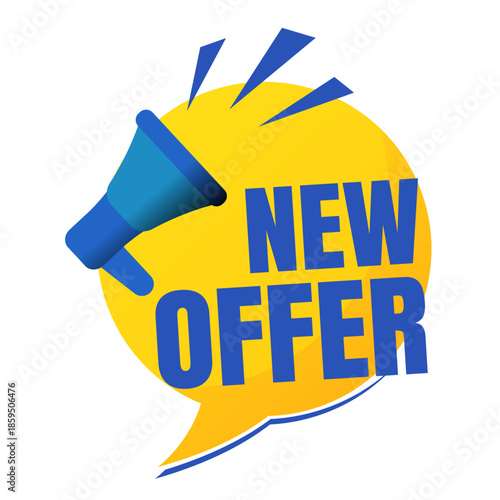 Yellow blue banner with megaphone and text new offer flat vector