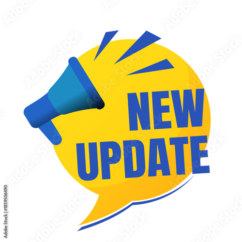 Yellow blue banner with megaphone and new update text flat vector