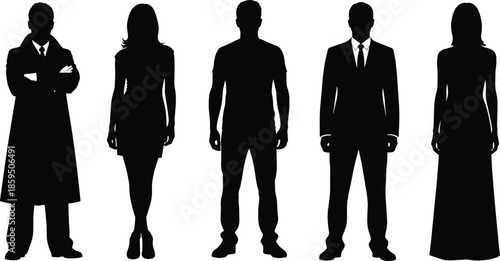 People silhouettes standing set, black vector illustration of men and women full body figures isolated on white background