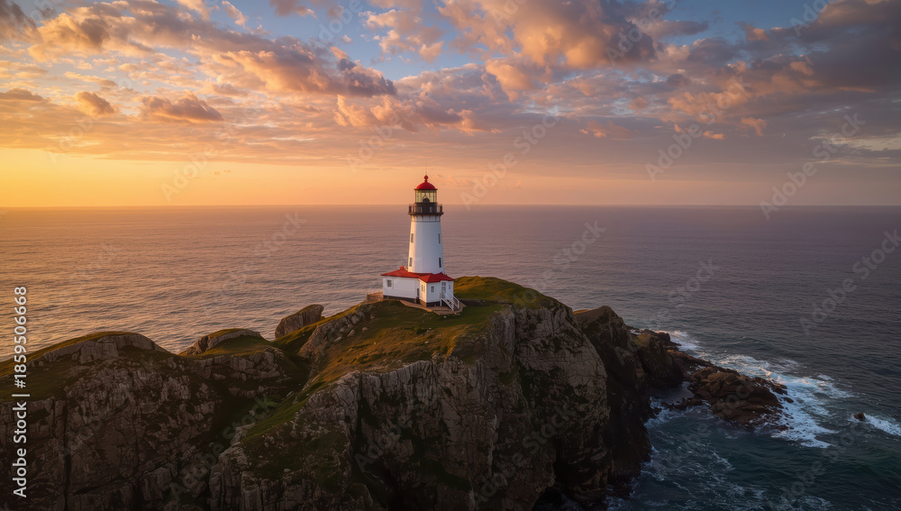 Fototapeta premium Lighthouse on rugged cliff at sunset with dramatic clouds and ocean horizon