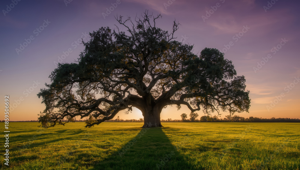 Obraz premium Ancient gnarled oak tree at sunrise casting long shadow across green field, serene mood