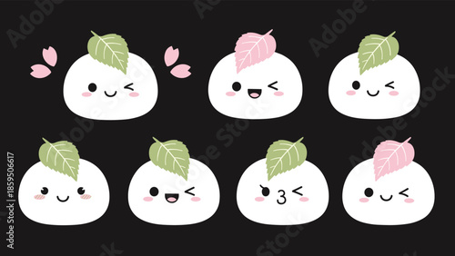 Collection of eight cute white mochi rice cakes with green and pink leaves and various happy faces on a black background for sweets theme.
