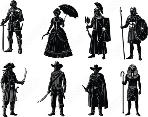 Historical silhouette characters set, knight, Roman soldier, pirate, cowboy, pharaoh, Victorian woman, cultural icons, black illustration, weapon