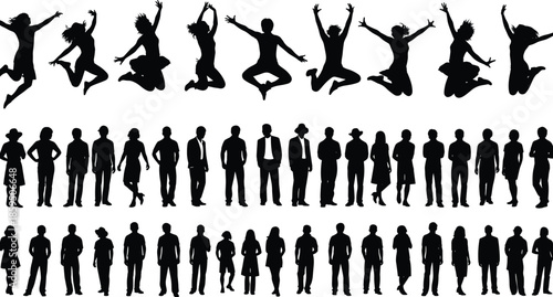 Human silhouette illustration set, jumping, standing, diverse poses, black vector figures, expressive body language, casual and formal attire