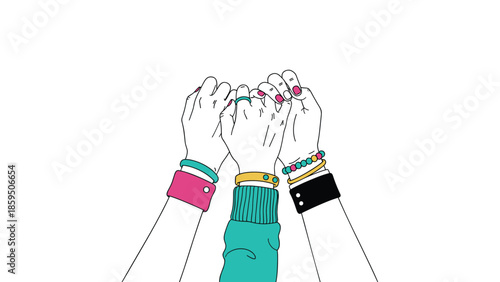 Three hands with colorful bracelets and rings joined together in a pinky promise gesture representing friendship, trust, and commitment.