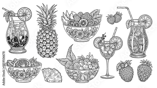 Detailed vintage engraving collection of tropical cocktails, pineapple, bowls of assorted fruits, and berries on a white background.