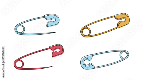 Collection of colorful safety pins in light blue, yellow, and red colors shown in doodle style isolated on a plain white background for sewing.