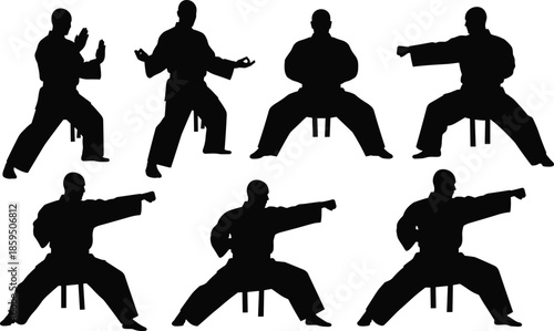 Martial arts silhouette set, black vector poses, defensive and striking stances, traditional combat technique, discipline and movement