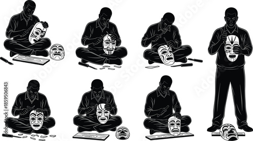 Mask carving process illustration, emotional transformation, artisan craft, black and white sequence, identity creation, handmade mask, expressive art