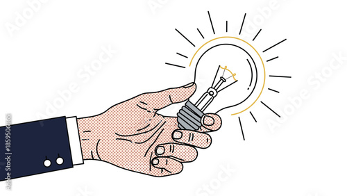 Human hand in a suit sleeve holding a glowing light bulb representing an idea, innovation, inspiration, or creative solution in pop art style.