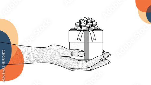Stippled illustration of a human hand holding a small gift box with a ribbon and bow against a background of colorful abstract shapes and dots.
