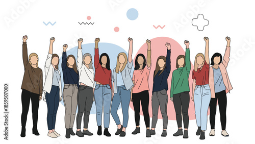 Group of diverse women in casual clothing standing together with their fists raised in the air for female empowerment and solidarity concept.