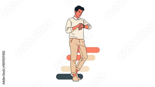 Young man checking smartphone while standing on colorful horizontal bars with casual attire