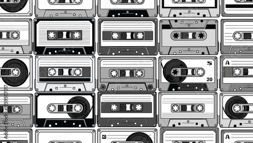 Dense monochromatic pattern of vintage analog audio cassette tapes in black and grey colors for retro music and 80s nostalgia background.