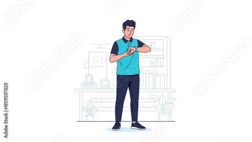 Young man checking smartwatch in a modern office setting with bookshelf and plants background