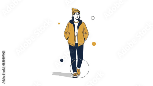 Stylish young woman in a casual autumn outfit walking confidently with a beanie and jacket