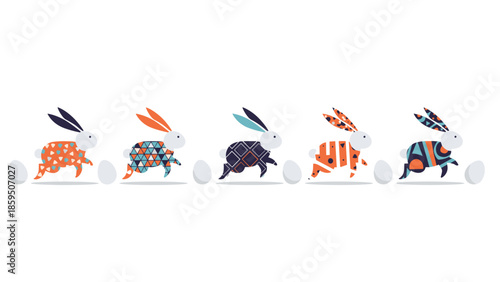 Row of five colorful running rabbits decorated with various geometric patterns alongside white eggs for easter holiday celebration concept.