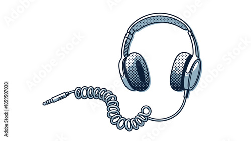 Blue and white professional headphones with a coiled audio cable shown in a halftone and dot pattern style for music and studio production.