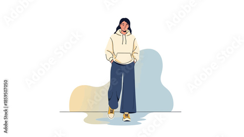 Stylish young woman in casual hoodie and wide-leg jeans walking confidently