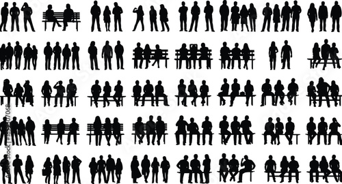 People silhouette icon set, sitting and standing poses, bench interaction, black vector grid, social behavior, human figure design