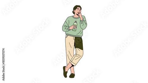 Stylish young woman in casual outfit enjoying a drink and standing on one leg with a contemplative