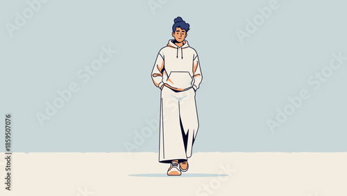 Stylish young woman in casual hoodie and wide-leg pants walking confidently on a minimalist