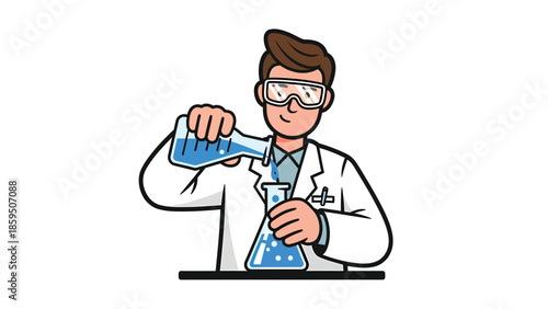 Cartoon Scientist Conducting Experiment with Beakers and Safety Goggles