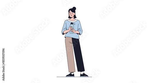 Stylish young woman standing and holding a coffee cup while looking at her phone in casual outfit