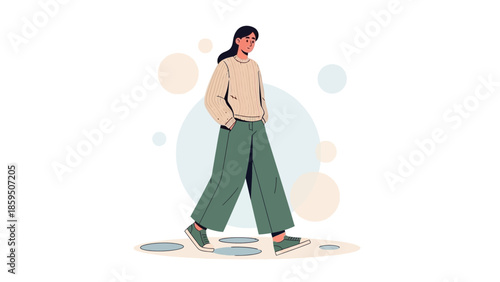 Stylish young woman walking confidently with casual outfit in minimalistic background