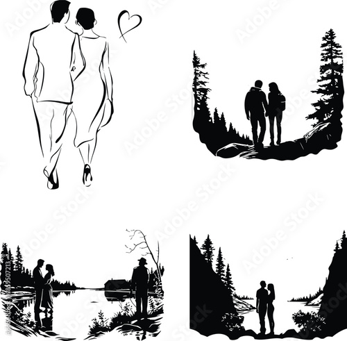 Romantic couple silhouettes walking together, love relationship illustration, black and white art, couples in nature, emotional romance concept
