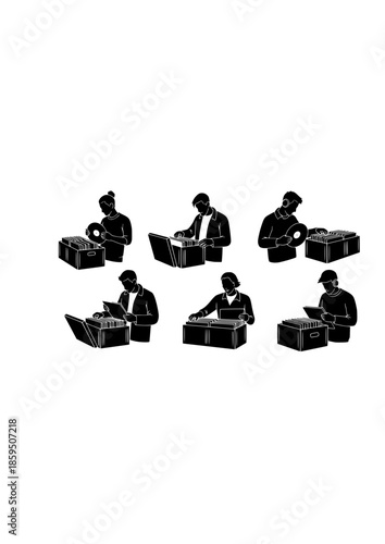 Vinyl Record Collector Silhouette Browsing Music Crate for Retro Nostalgia and Analog Hobby Vinyl Store Marketing Concept Vector