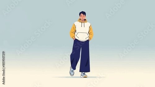Stylish young woman walking confidently with hands in pockets dressed in casual hoodie and