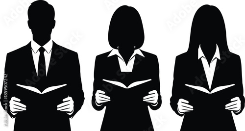 Businesspeople reading books silhouette, corporate learning vector, professional education concept, teamwork and training clipart, formal attire study illustration