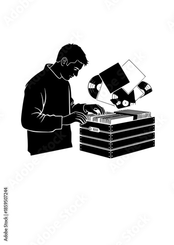 Vinyl Record Collector Silhouette Browsing Music Crate for Retro Nostalgia and Analog Hobby Vinyl Store Marketing Concept Vector