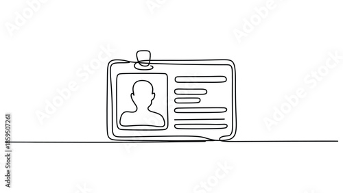 Minimal continuous one line identification card illustration with profile photo symbolizing employee badge identity verification and personal information concept