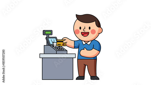 Cartoon Illustration of Man Making Payment at Cash Register