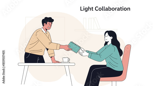 Successful light collaboration between a male and female colleague exchanging documents in an