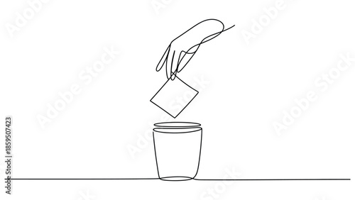 Minimal continuous one line illustration of hand dropping ice cube into glass symbolizing refreshment beverage preparation and simple daily life concept