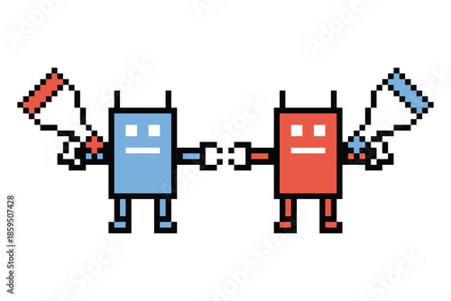 Cartoon pixel art of humanoid robot toy robotic cyborg engineer bot machine business vector character background artificial intelligence vector.