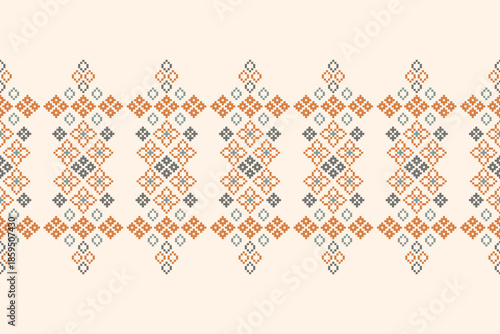 Ethnic pattern of cream brown color background with traditional motifs ikat geometric fabric pattern cross stitch embroidery oriental pixel,abstract,vector,texture art.