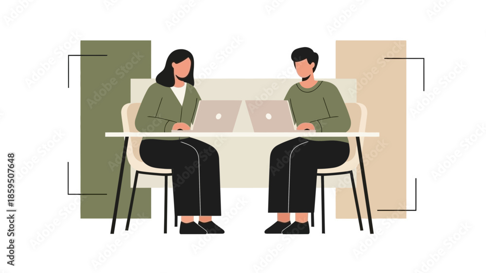 Fototapeta premium Two people collaborating on laptops in a modern office workspace with minimalistic design