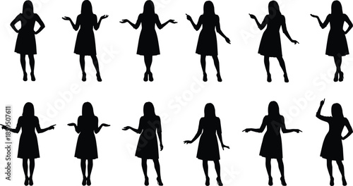 Woman silhouettes hand gestures set, black vector illustration of female standing poses explaining presenting pointing isolated white background