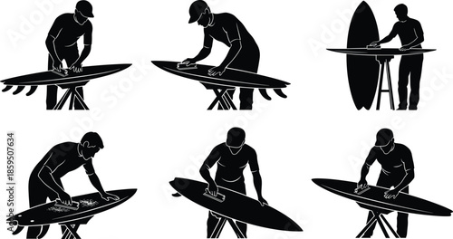 Surfboard waxing silhouette set, surf preparation, grip enhancement, black icons, beach gear care, surfing technique, wax application process