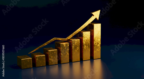 Golden Bar Chart with Upward Arrow Illustrating Business Growth and Financial Success.