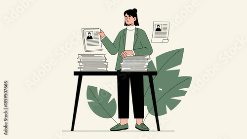 Woman organizing and reviewing documents with digital profiles at her workspace